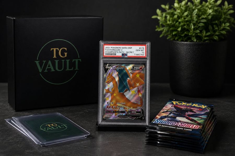 TG Vault – PSA gegradeete Pokémon-Karte Charizard V mit TG Vault Box und Boosterpacks