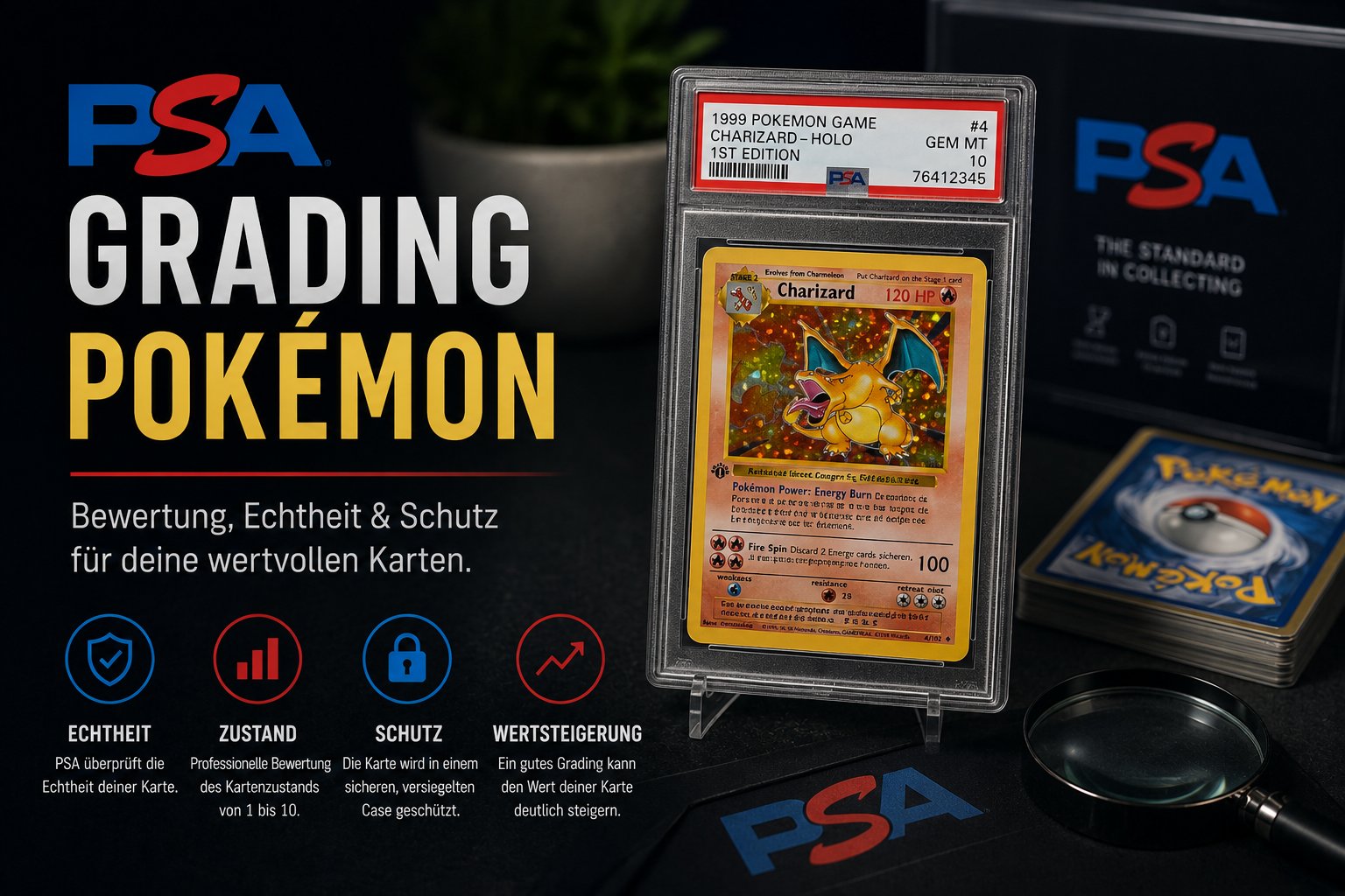 Pokémon-Karten Grading erklärt – PSA Slab mit gegradeeter Karte und Bewertungsskala von PSA 1 bis PSA 10 Gem Mint
