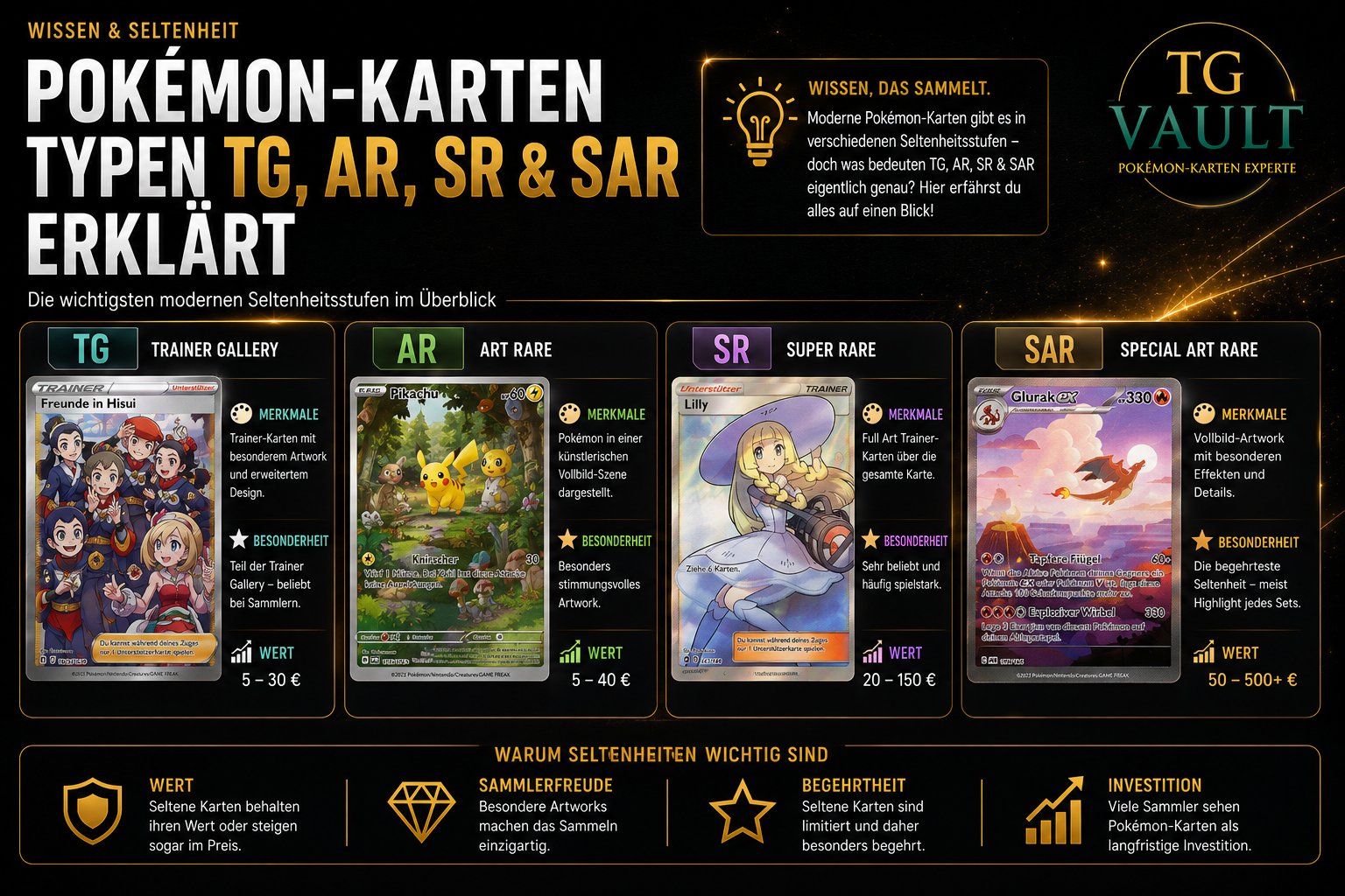 Pokémon-Karten Typen TG Trainer Gallery, AR Art Rare, SR Super Rare und SAR Special Art Rare visuell verglichen mit Beispielkarten