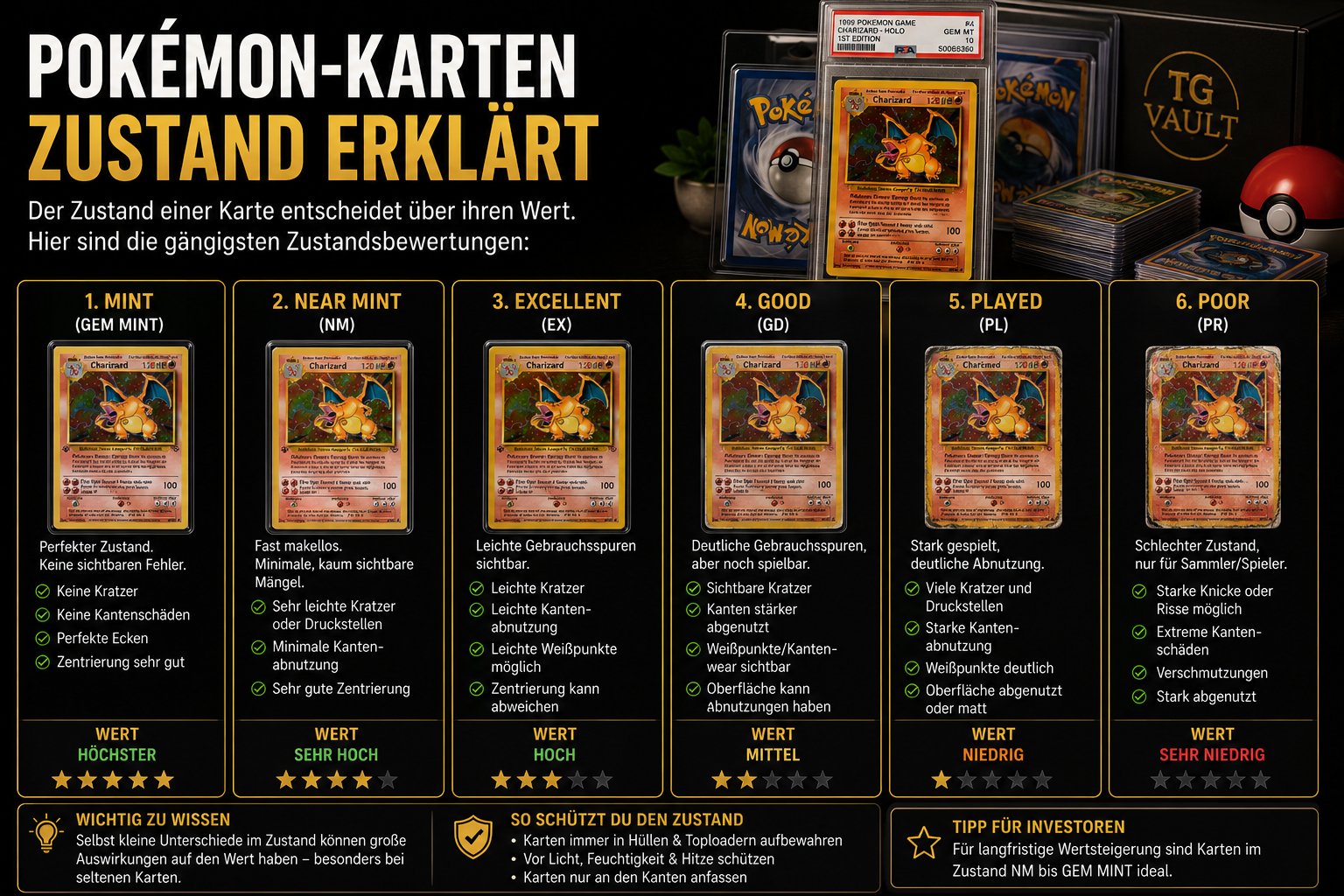 Pokémon-Karten Zustand erklärt – Bewertungsskala Near Mint, Excellent, Good und PSA Grading für professionelle Zustandsbeurteilung